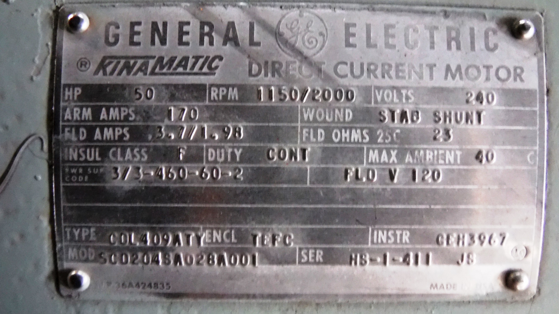 General Electric 50 HP 1150/2000 RPM 409ATY DC Motors 81521